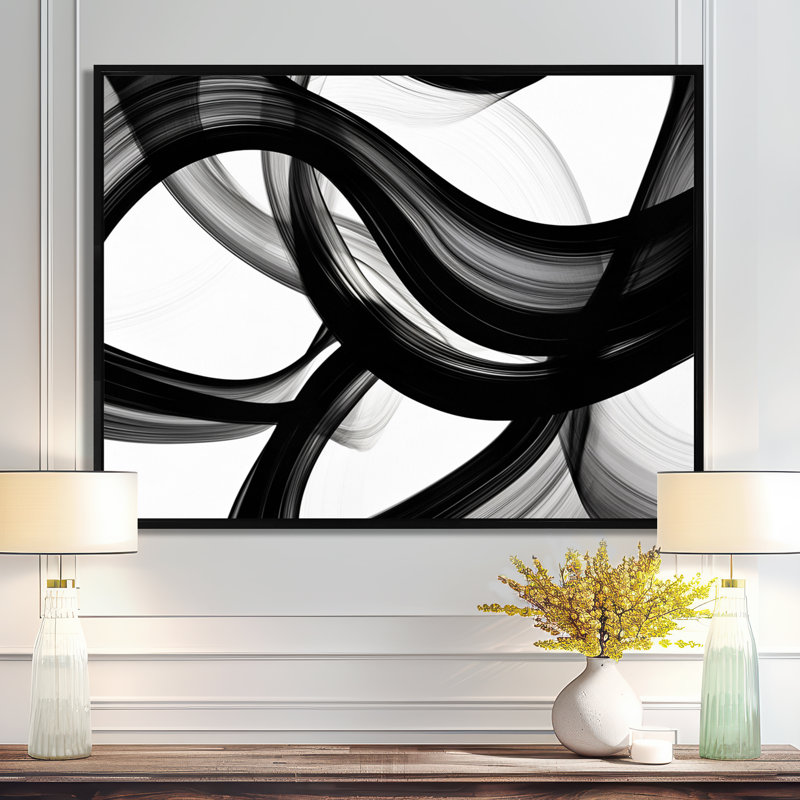 Vagues abstraites blanc noir tourbillons - formes abstraites modernes, art mural, Toile avec cadre flottant noir