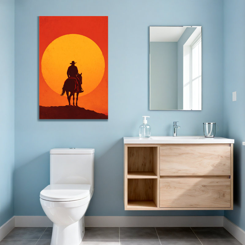 «Landscape & Nature Silhouette Cowboy Horse Sunset», reproduction d'art sur fond orange, H 40 po x l 28 po