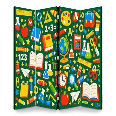 Back to School 4 Panels Folding Screen Room Divider Royal Colorful School Supplies Educational Icons Canvas Screen Room Separator Freestanding Protective Wall Divider Privacy Partition