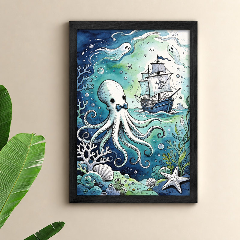 «Octopus and a Ship in the Ocean», art mural sur toile noir, 25" H x 17" W