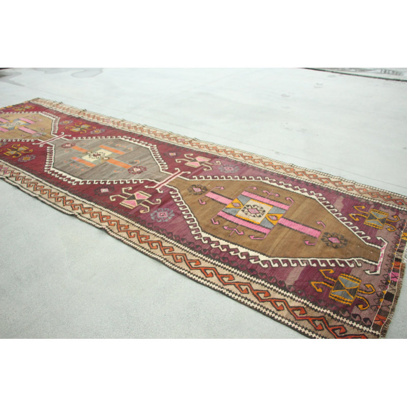 Tapis de style kilim turc antique touffeté à la main avec un motif arc-en-ciel brillant, idéal pour les escaliers et les couloirs de bureau
