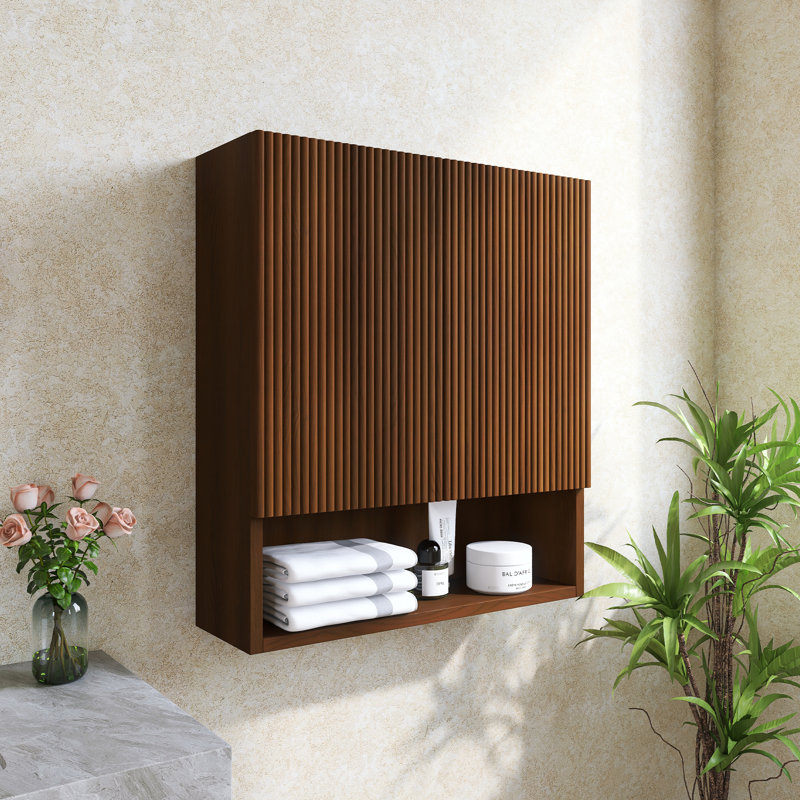 Wall-Mounted Striped Bathroom Cabinet, With Doors, Shelf And Open Storage Compartment, Drak Walnut Woodgrain Color