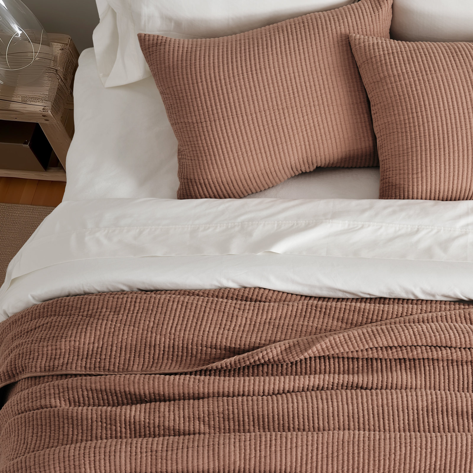 Ribbed Cotton Coverlet Set, Clay, King Quilt + 2 King Shams