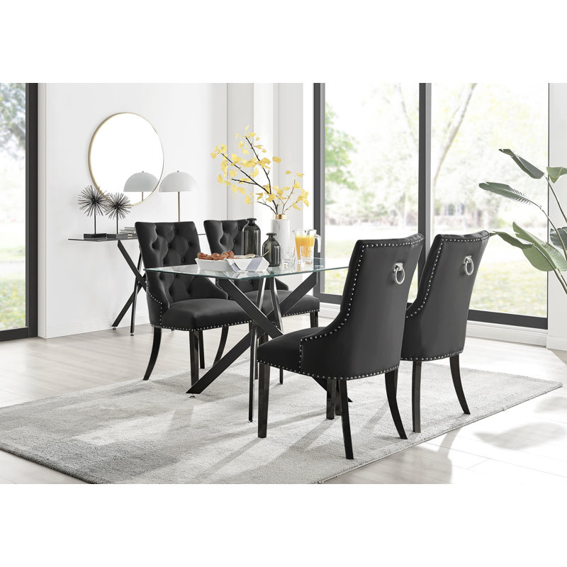 Lenworth Modern Black Metal and Glass Dining Table Set - x4 Luxury Velvet Dining Chairs