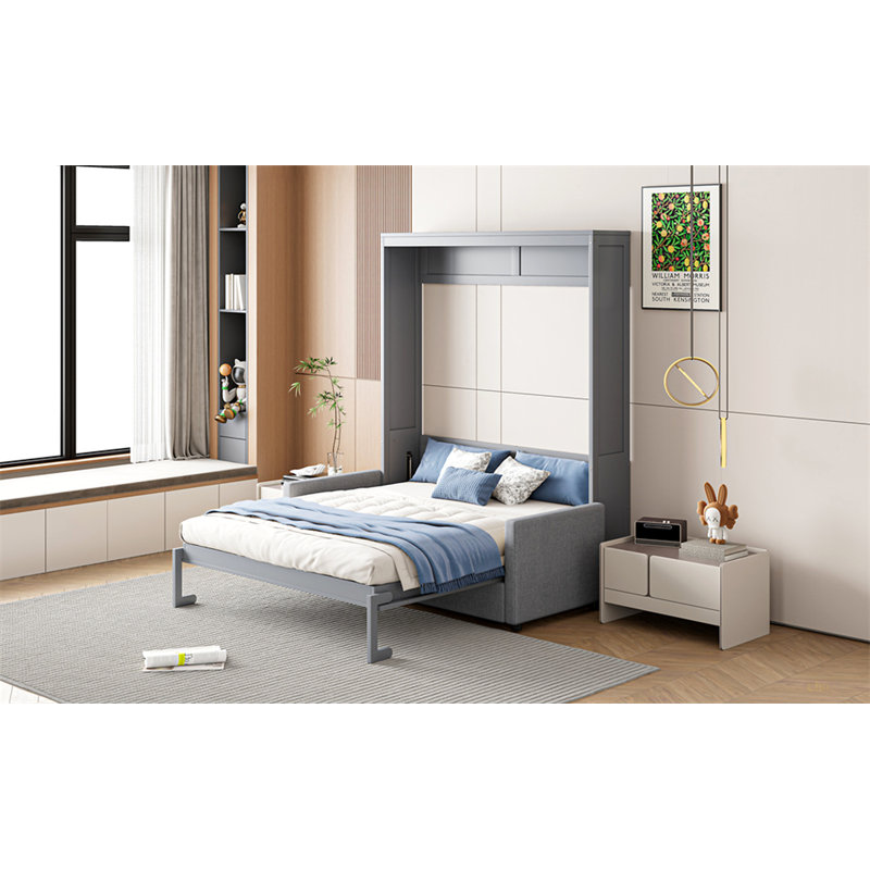 Lit escamotable double pleine grandeur avec coussin, gris