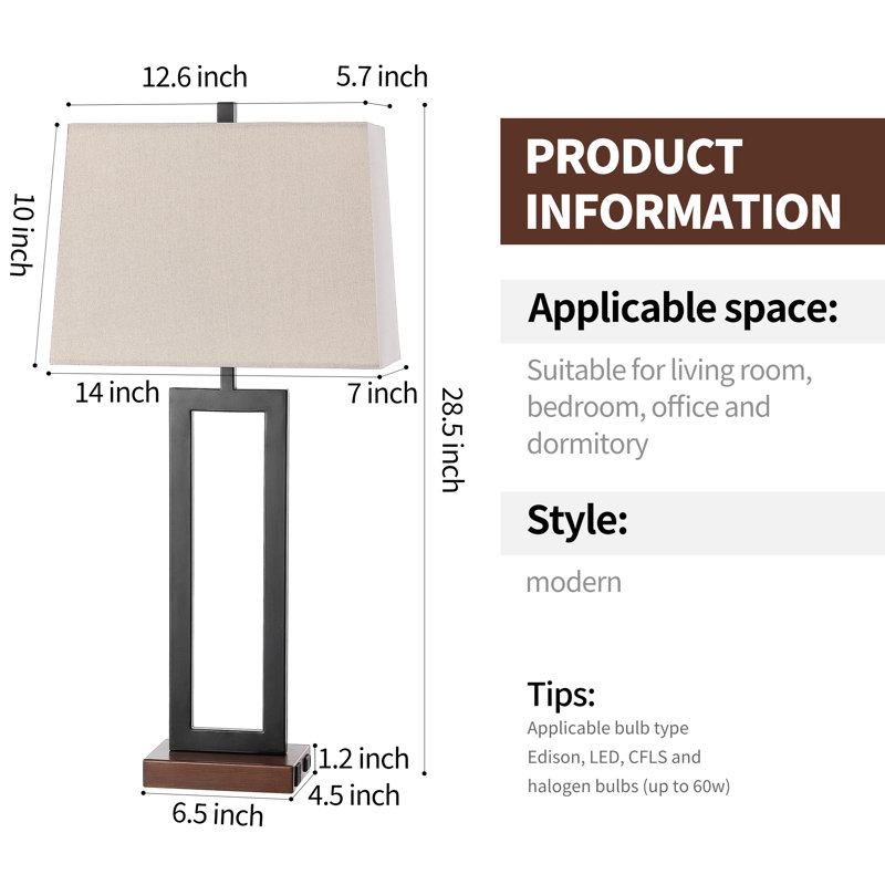 Rogina 28.5" Black Metal Table Lamp Set with USB Type-C Ports and Built-in Outlet, Beige, Brown