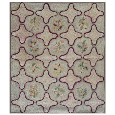 Antique Four Pointed Star Design American Folk Art Hooked Rug