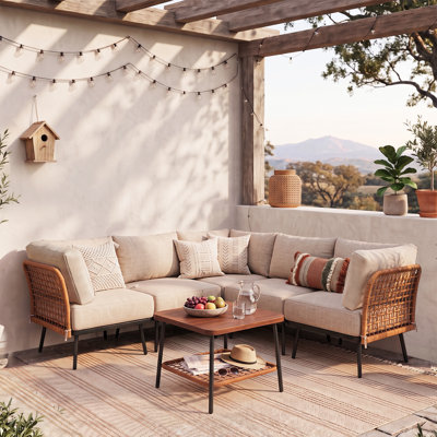 Benno 6-Piece Boho Rattan Patio Conversation Set, Modular Outdoor Sectional with Olefin Cushions and Coffee Table