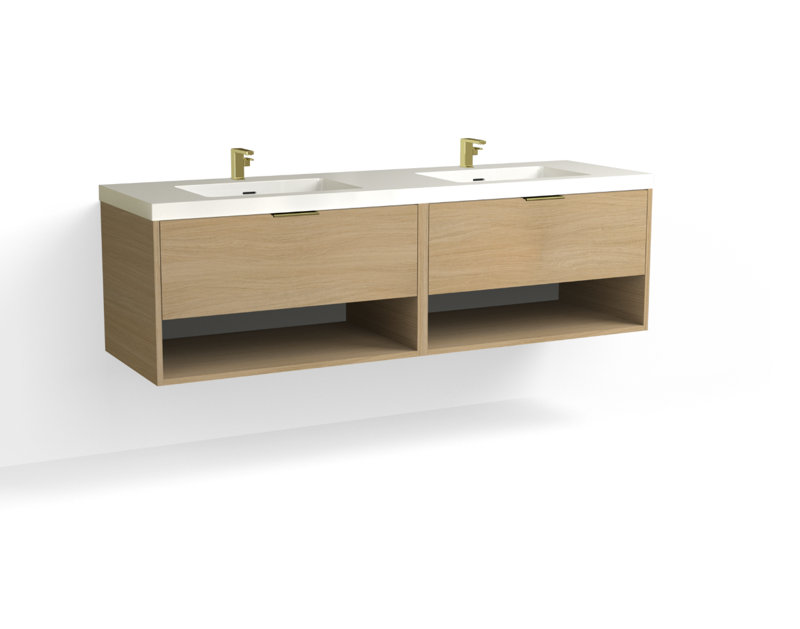 Modo 72" W Wall Mounted Double Bathroom Vanity, Matte White/Single, Nocino, Satin Nickel