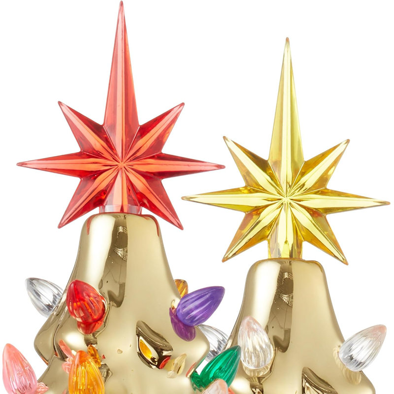 Arbre de Noël en céramique peint à la main, arbre doré de 15 pouces avec 128 lumières multicolores et 2 étoiles