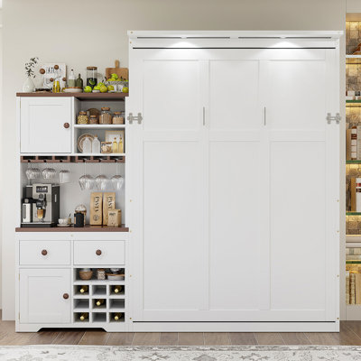 Grand lit escamotable avec armoire de rangement, support à vin, porte-verre, tiroirs et bande DEL multicolore, blanc