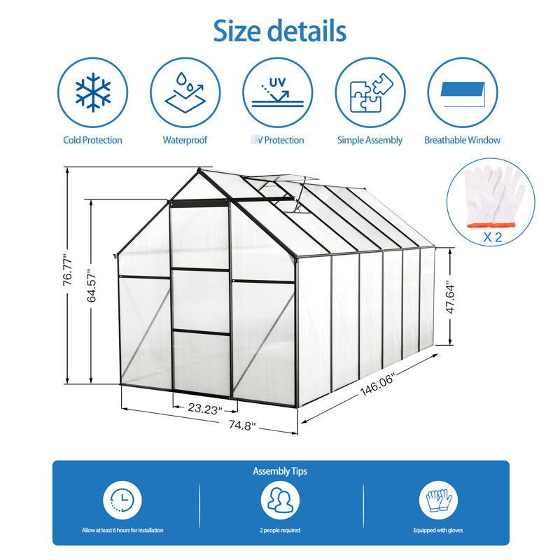 Serre d'extérieur toutes saisons 6 pi x 12 pi - Polycarbonate avec toit réglable et cadre rouillé - Usage intensif, protection des plantes noire