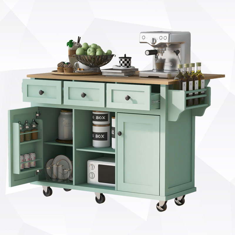 Kitchen Island with Solid Wood Drop-Leaf & 3 Storage Drawers, Green