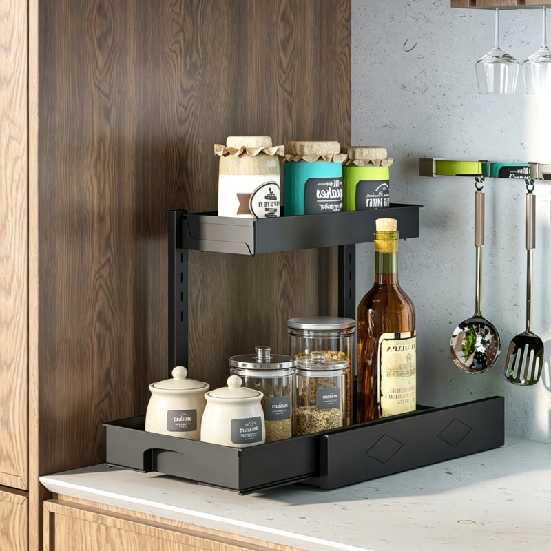 2 Pack L-Shape Kitchen Under Sink Organisers, Black Double Tier Sliding Kitchen Cabinet Shelving, Narrow Space Kitchen Storage Unit for Kitchen Utensils, Condiments & Pantry Supplies