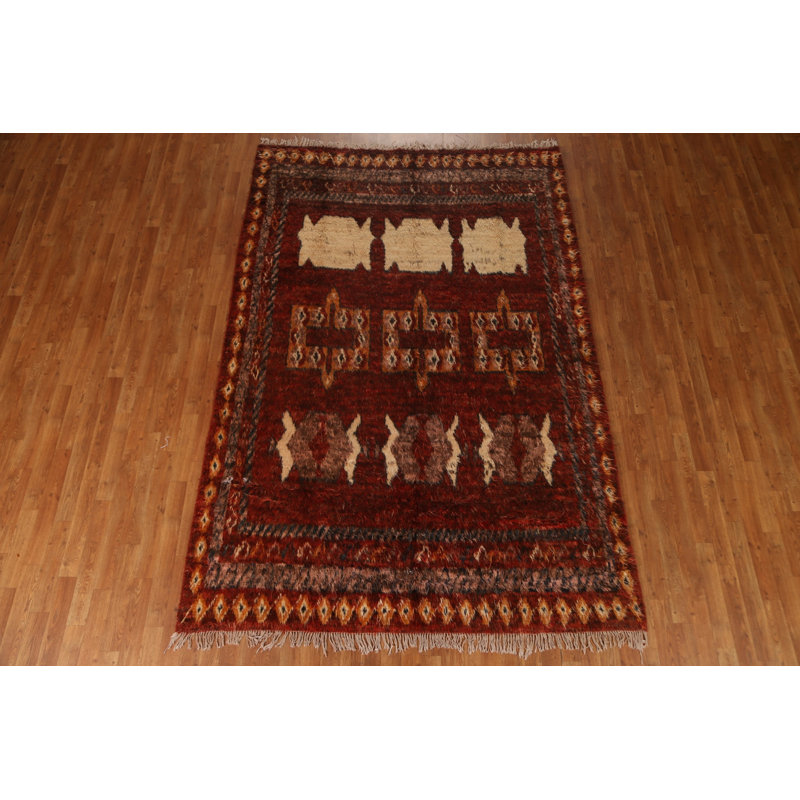 Tapis rouge en laine noué à la main de conception unique 6 pi 5 po x 9 pi 5 po New Age
