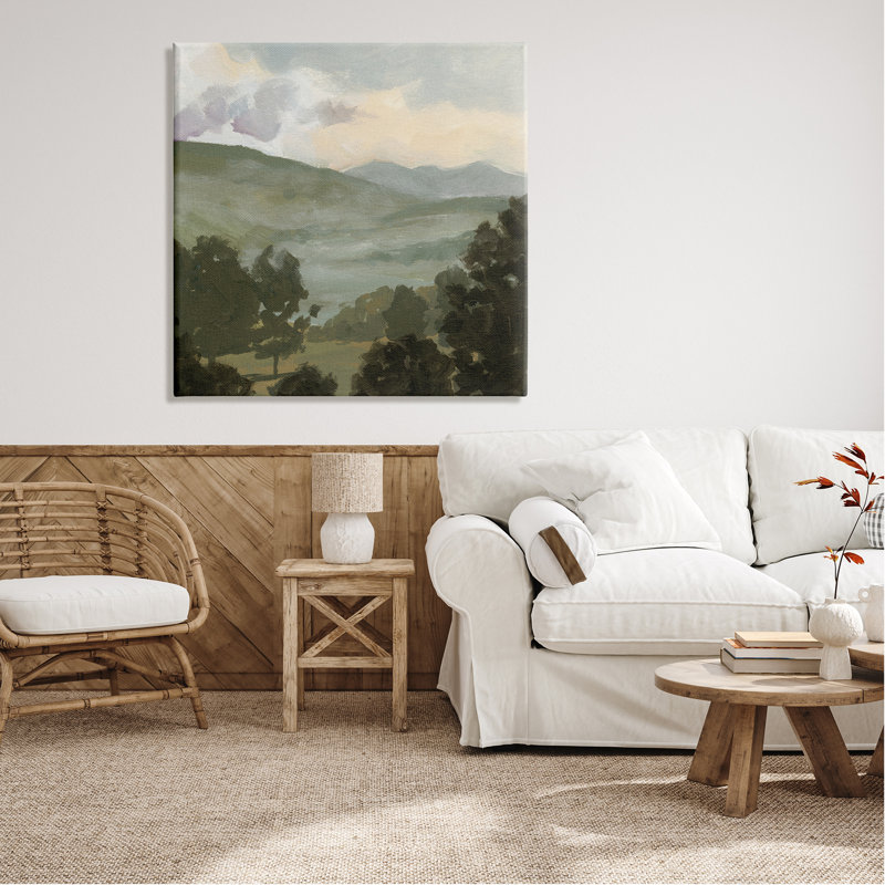 Paysage de campagne verte sur bois par Victoria Barnes, peinture, H 36 po x l 36 po x P 1,5 po
