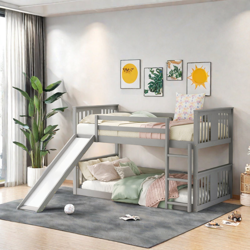 Low Bunk Bed with Reversible Slide, Gray, Twin Over Twin