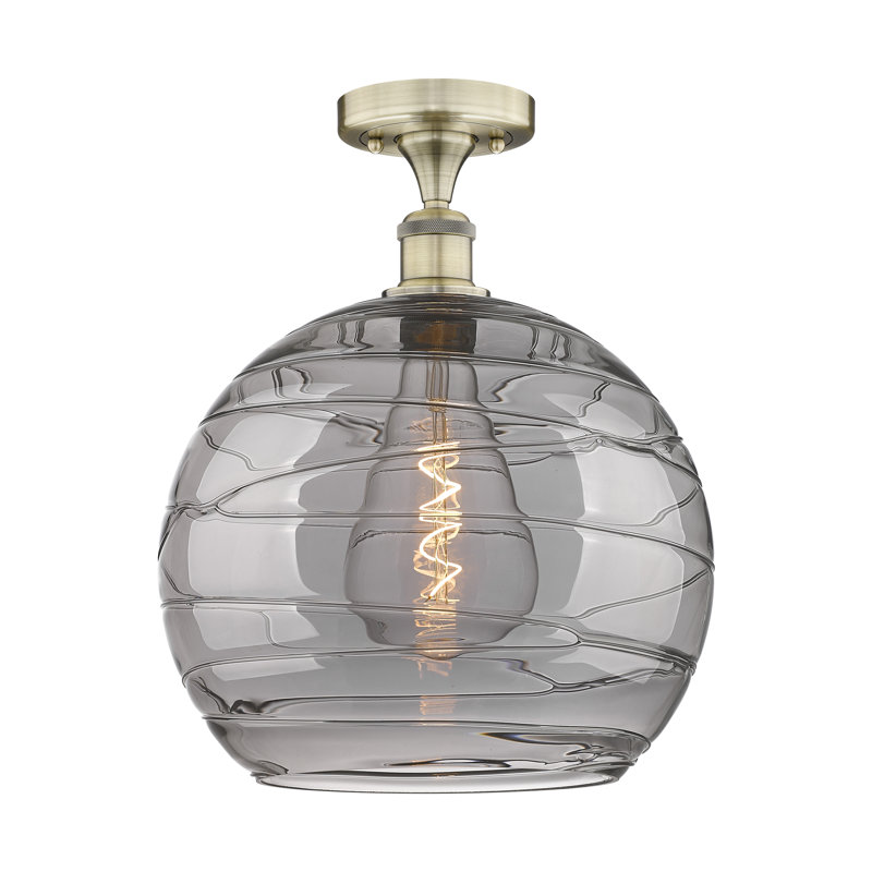 Plafonnier semi-encastré 1 lumière 13,75 po Cindi, H 15,25 po x l 12 po x P 12 po, Laiton antique, Gris fumée clair