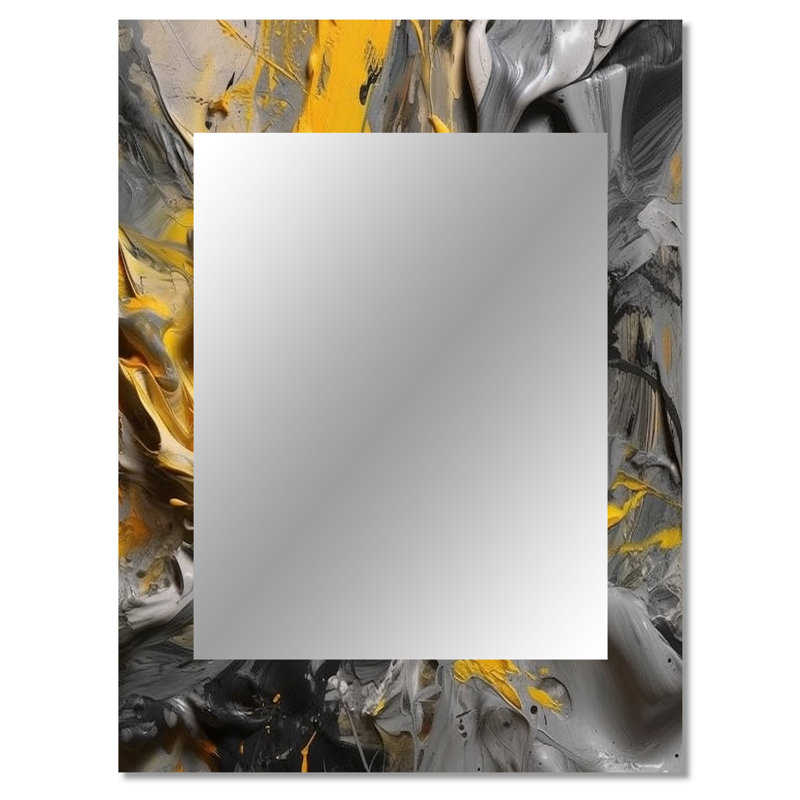 Bliss of Happiness en gris et jaune - grand miroir à collages abstraits, miroir mural décoratif moderne, impression d'art en métal