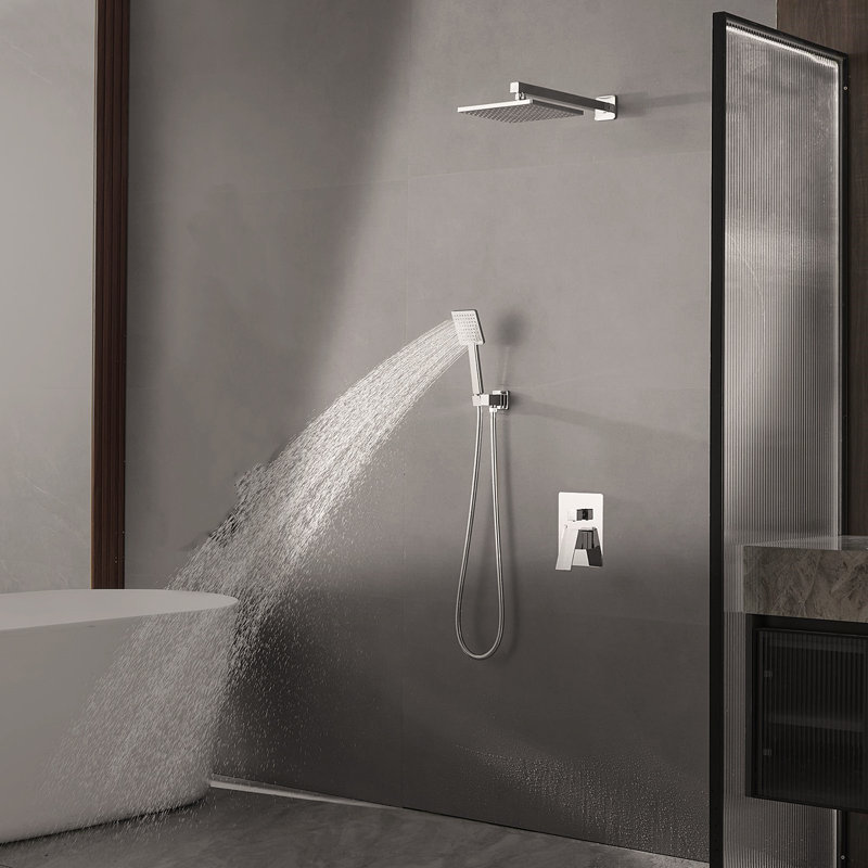 Chrome Alloy Double-Handle Double-Head 9-Inch Square High-Pressure Shower Faucet (With Valve), Chrome Alloy