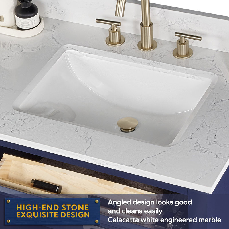 Meuble-lavabo simple 36 po avec tiroir, tablette, prise de courant et plateau en marbre d'ingénierie, Bleu royal