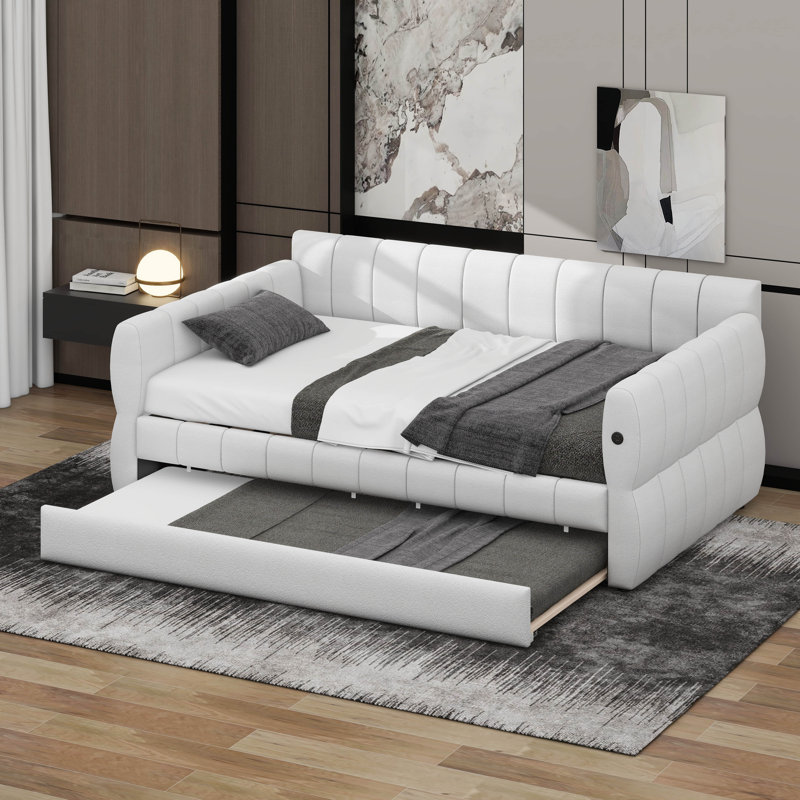 Grand lit plateforme tapissier avec port USB et gigogne, Blanc