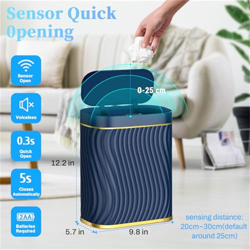 Bathroom Small Trash Can With Automatic Touchless Lid-2.6 Gallon(Gold Blue), Gold Blue
