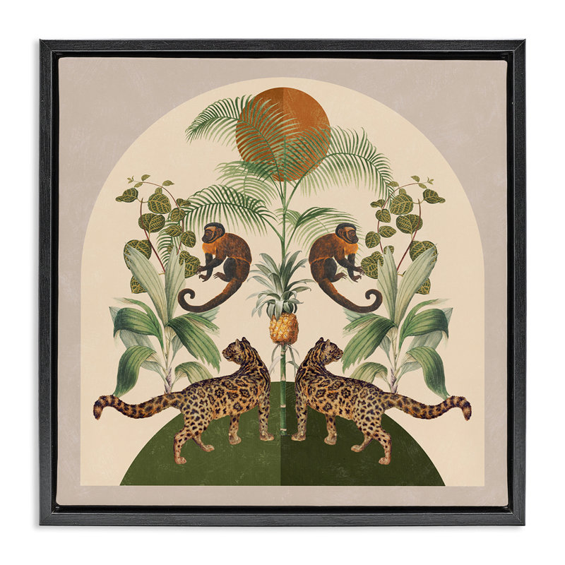 "Boho Jungle Animals", art mural sur toile flottant gris par Victoria Barnes, Cadre flottant noir de jais, H 17 po x l 17 po