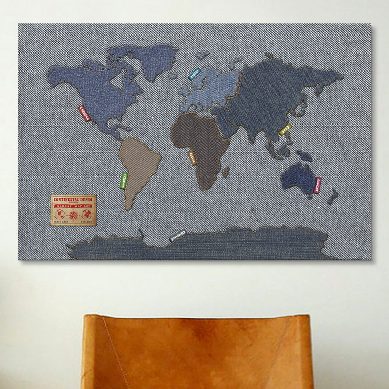 « denim map of the world » par michael tompsett, impression sur toile, H 8 po x l 12 po x P 0,75 po, Toile tendue