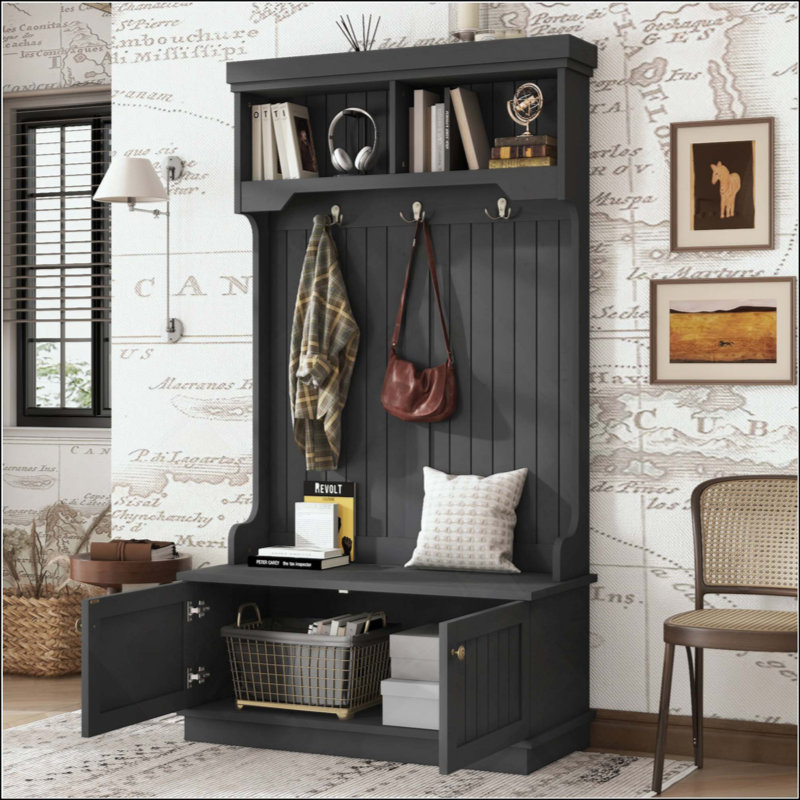 Hall Tree With Storage Shoe Bench For Entryway And Hallway, 4-In-1 Design Coat Racks With Hooks For Living Room, Black