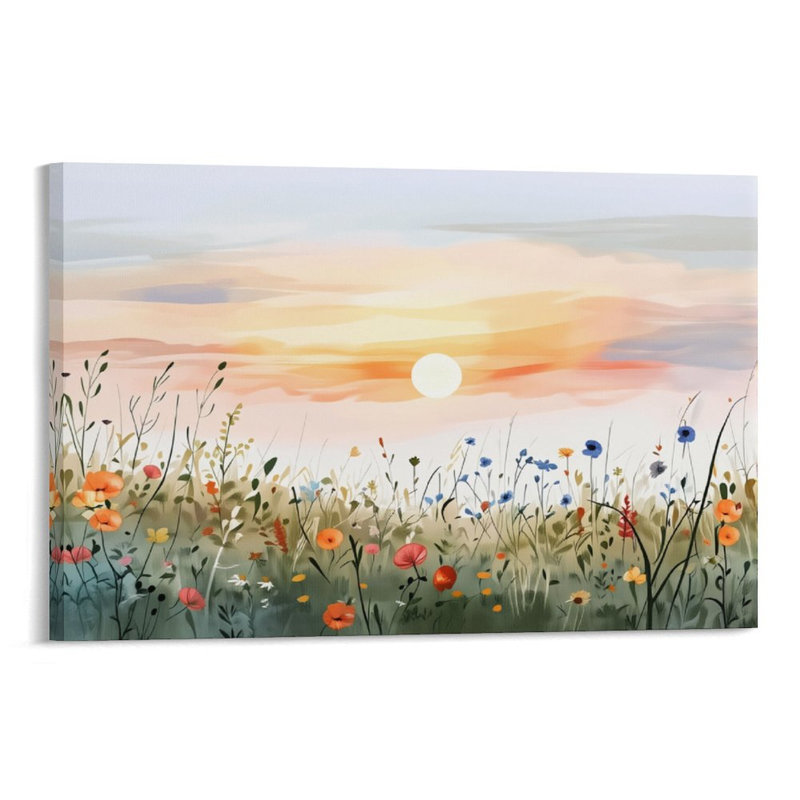 «Sunset Wildflower Field», cadre en bois à l'arrière, art mural paysage, l 36 po x L 24