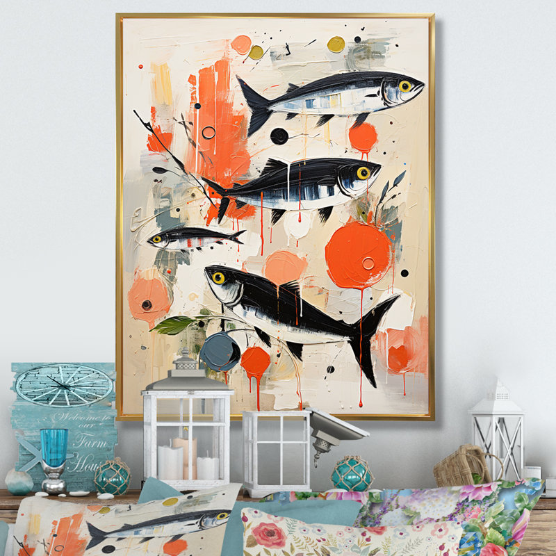 Jadvyga " Abstract Seafood Representation Acrylic ", 40" H x 30" W x 1.5" D, Gold Floater Framed