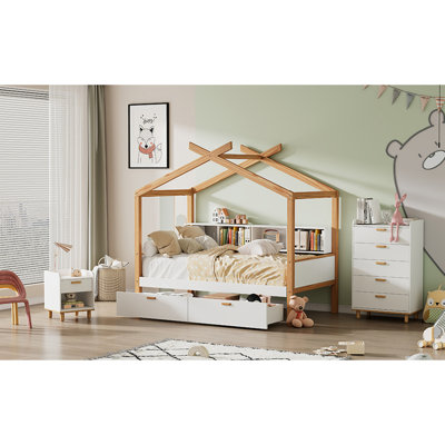 Cadre de lit blanc original en bois pour lit double en bois avec deux tiroirs et une bibliothèque pour la chambre d'amis