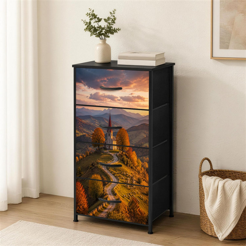 Commode à 4 tiroirs pour la chambre à coucher Église d'automne à sommet perché entourée d'arbres d'automne