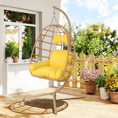 Fauteuil à œufs avec support Chaise de balançoire suspendue en rotin PE pour l'intérieur et l'extérieur avec coussin à double corde robuste lavable Capacité de 350 lb pour le patio