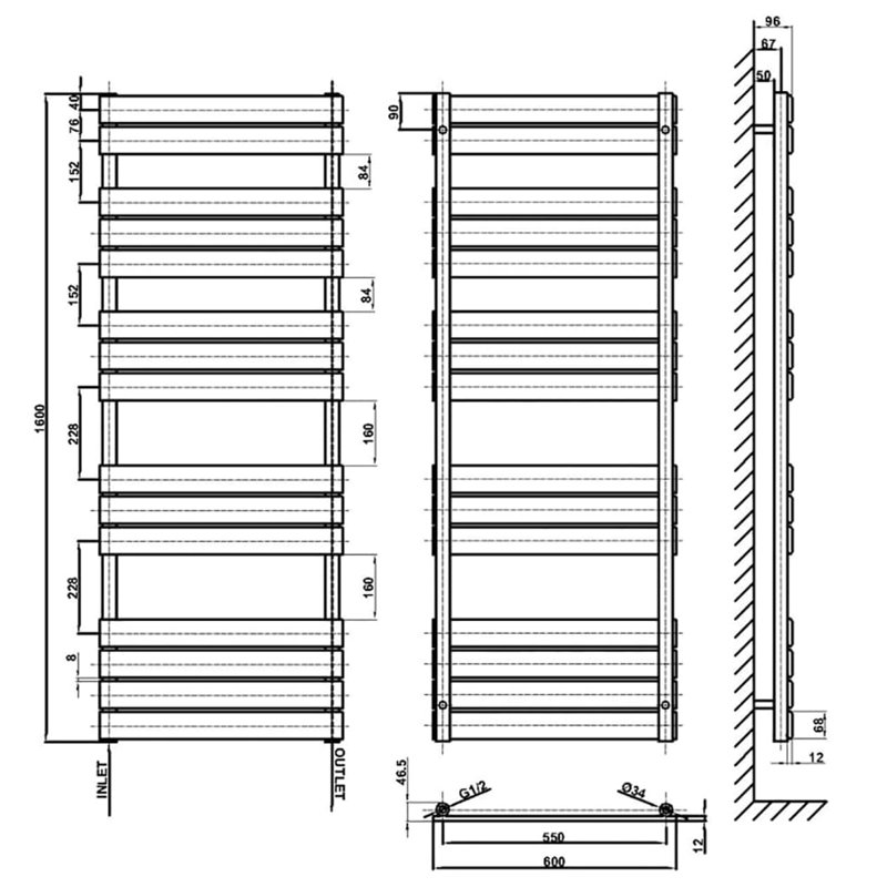 Noella Vertical Designer Radiator, 160cm H x 60cm W