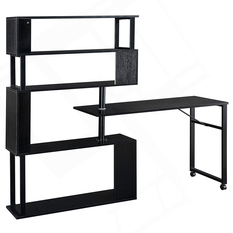 Home Office Computer Desk L-Shaped Corner Table, Rotating Computer Table With 5-Tier Bookshelf, Four Installation Methods, Lockable Casters