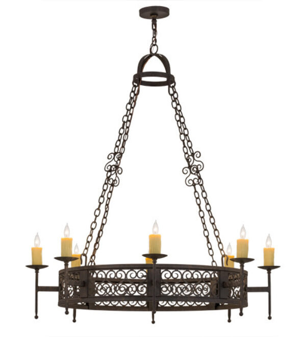 Lustre en roue de chariot à 8 lumières de style bougie Toscano, Antiquité de qualité supérieure, Lin naturel