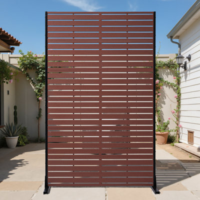 Terracotta Sand Freestanding Room Divider – 72" Tall Indoor/Outdoor Privacy Screen Partition with Wood-Grain Louvered Panels, Metal Steel Frame, and Ground Nails for Patio, Garden, or Home Office