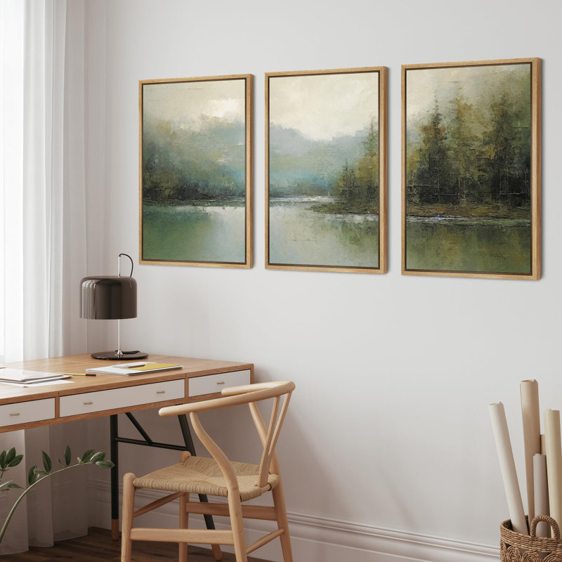 Abstract Landscape " Emerald Green Pastel Pine Tree Forest Nature Rustic " 3 - Pieces, Natural, Floater Framed Print