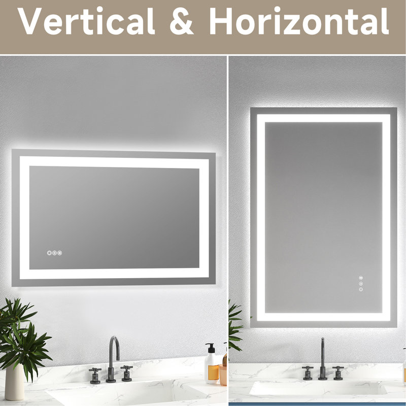 Miroir 24 po x 36 po en verre trempé, système d'éclairage à double DEL, éclairage arrière à l'avant, verre robuste de 4 mm, 3 températures de couleur réglables, gradation de scintillement, fonction de brouillard, flexibilité de montage, tournevis Ul 12v,