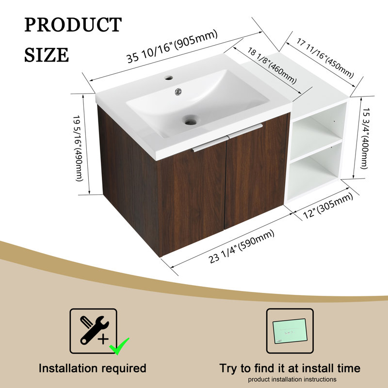 Meuble-lavabo simple avec plateau 35,63 po Duryea, Brun