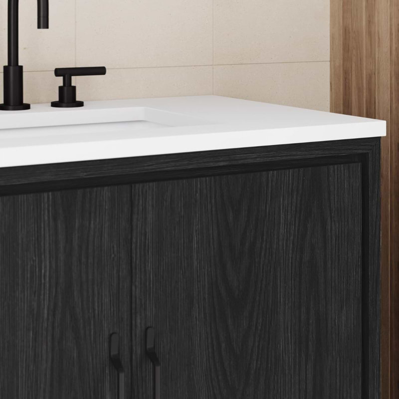 TileBar Studio Vanities Setton Single Vanity with White Quartz Top, Ebony Oak, 24" W