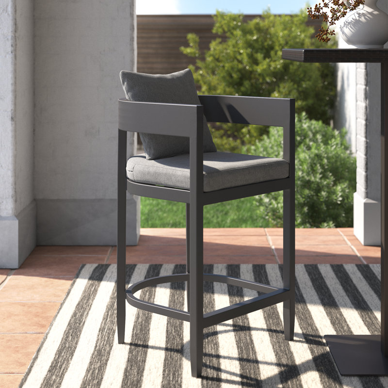 Elza Outdoor Patio Barstool in Aluminum and Gray Cushions, 26"