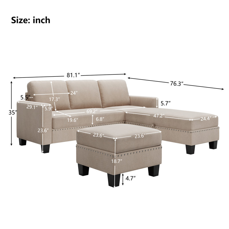81.1" Wide Reversible Modular Sofa & Chaise with Ottoman,sectional sofa,sectional couch