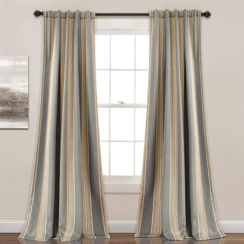 Julia Gray Polyester Stripe Room Darkening Curtain Panels