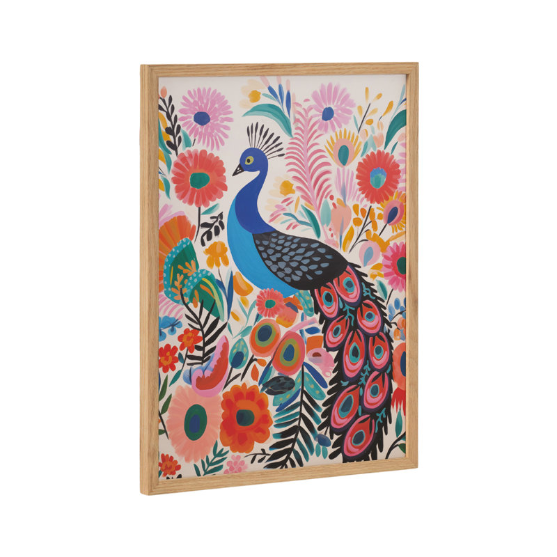 Art moderne paon vibrant moderne, Encadrement brun clair, H 12,65 po x l 16,65 po