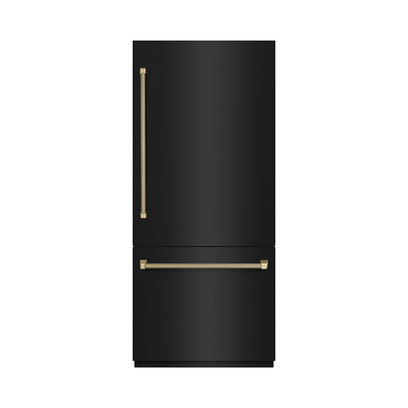 ZLINE Autograph 36 in. Black Steel Built-In Refrigerator w/ Gray Interior & Gold Helix Handles, Champagne Bronze