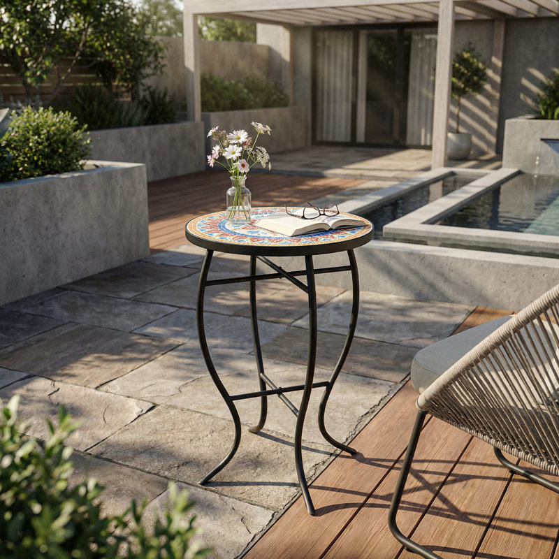 Table d'appoint d'extérieur ronde avec plateau de style mosaïque et pieds courbés en fer, rouge et noir mat