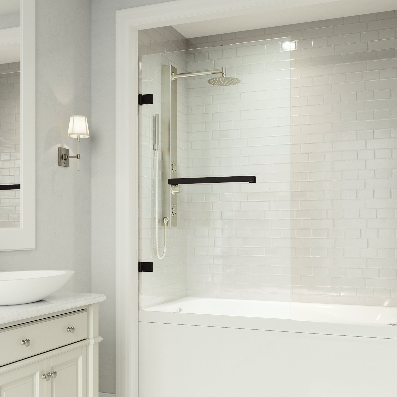 Rialto Frameless Hinged Tub Door, Matte Black Clear